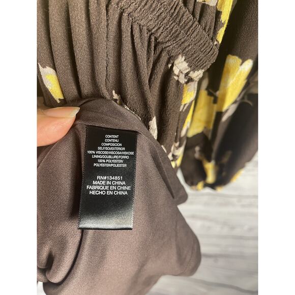 Wayf Dress Women's Size M Brown Yellow Floral Espresso Roses Long Sleeve Pockets - Picture 5 of 9